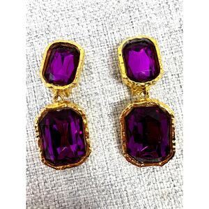 Vtg Ellen Designs Signed Clip On Earrings Purple Amethyst Glass Statement 1980s